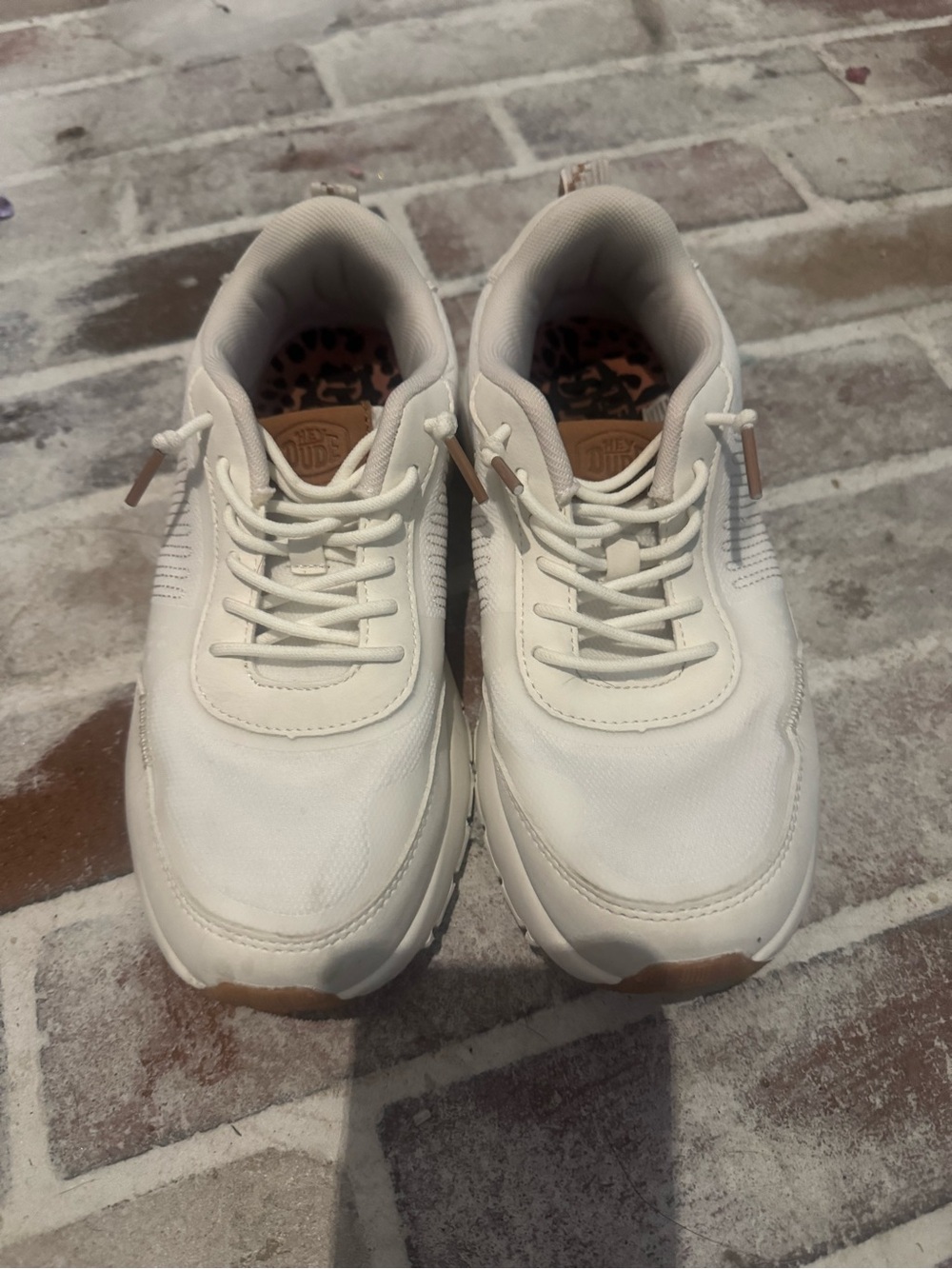 Women’s Hey Dudes White Sneakers with Tan Accents